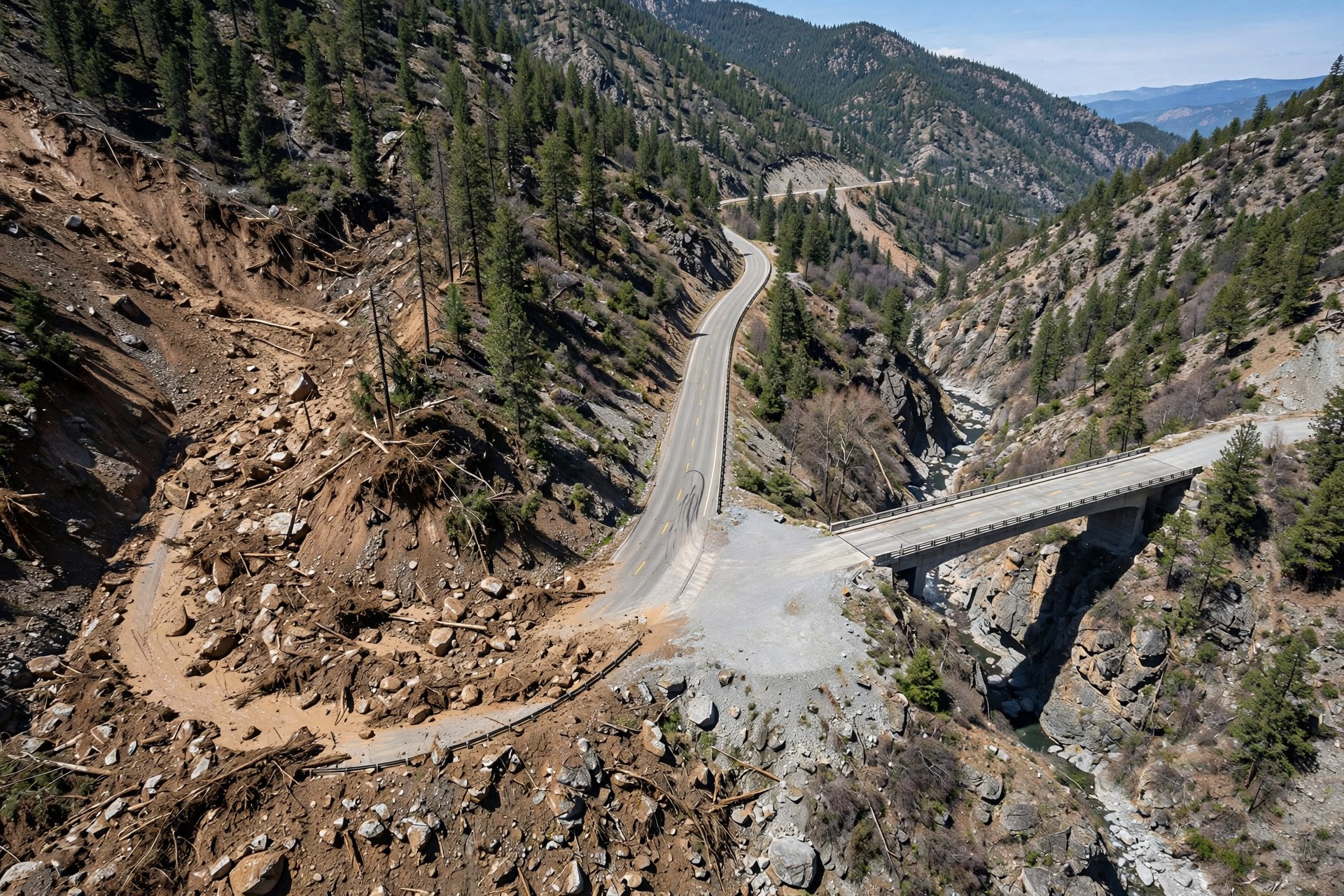 Mountain Landslide & Gorge Bridge